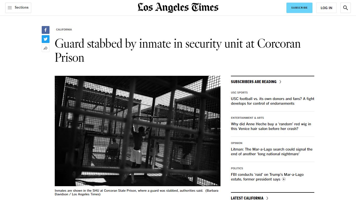 Guard stabbed by inmate in security unit at Corcoran Prison